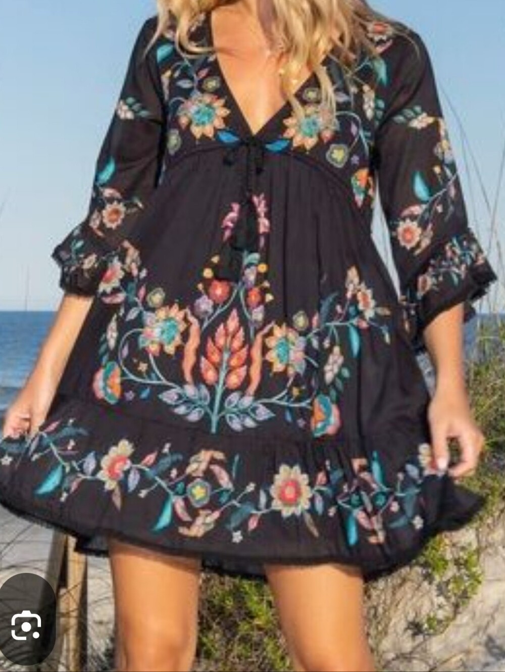Natural Life Black Floral Babydoll Mini Dress / Tunic Top Tassels Crochet Trim M